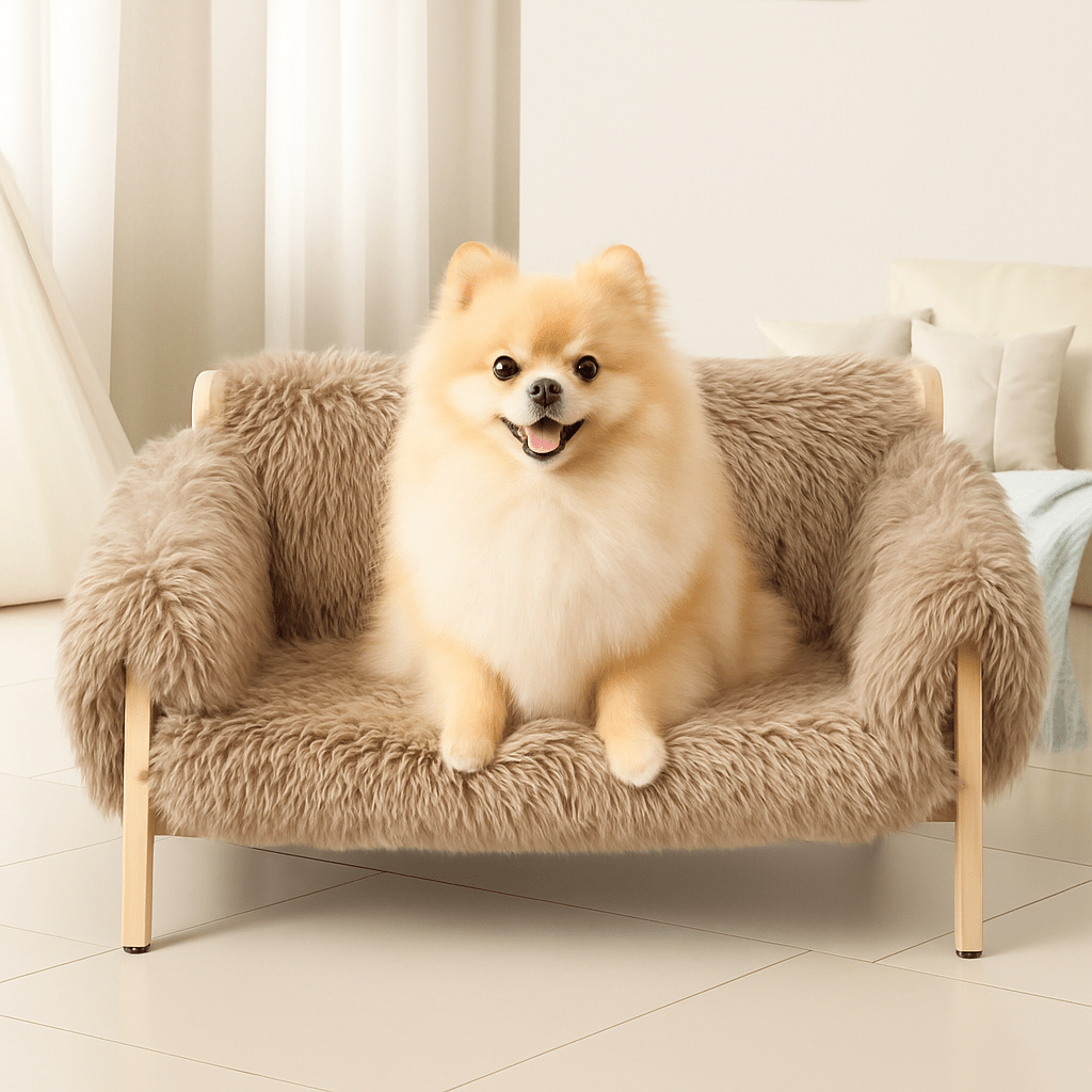 Mini-canapé-pour-chien-petit-chiot-un petit chien couché sur le canapé en peluche douce et lavable en machine en structure en bois naturel dans un salon lumineux 