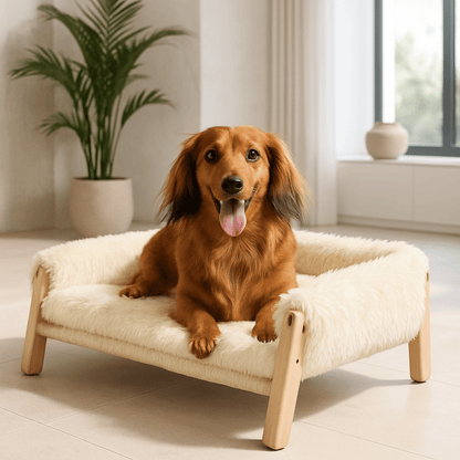 Mini-canapé-pour-chien-race-naine-un petit chien couché sur le canapé en peluche douce, déhoussable et lavable en machine de couleur blanche et bois naturel 