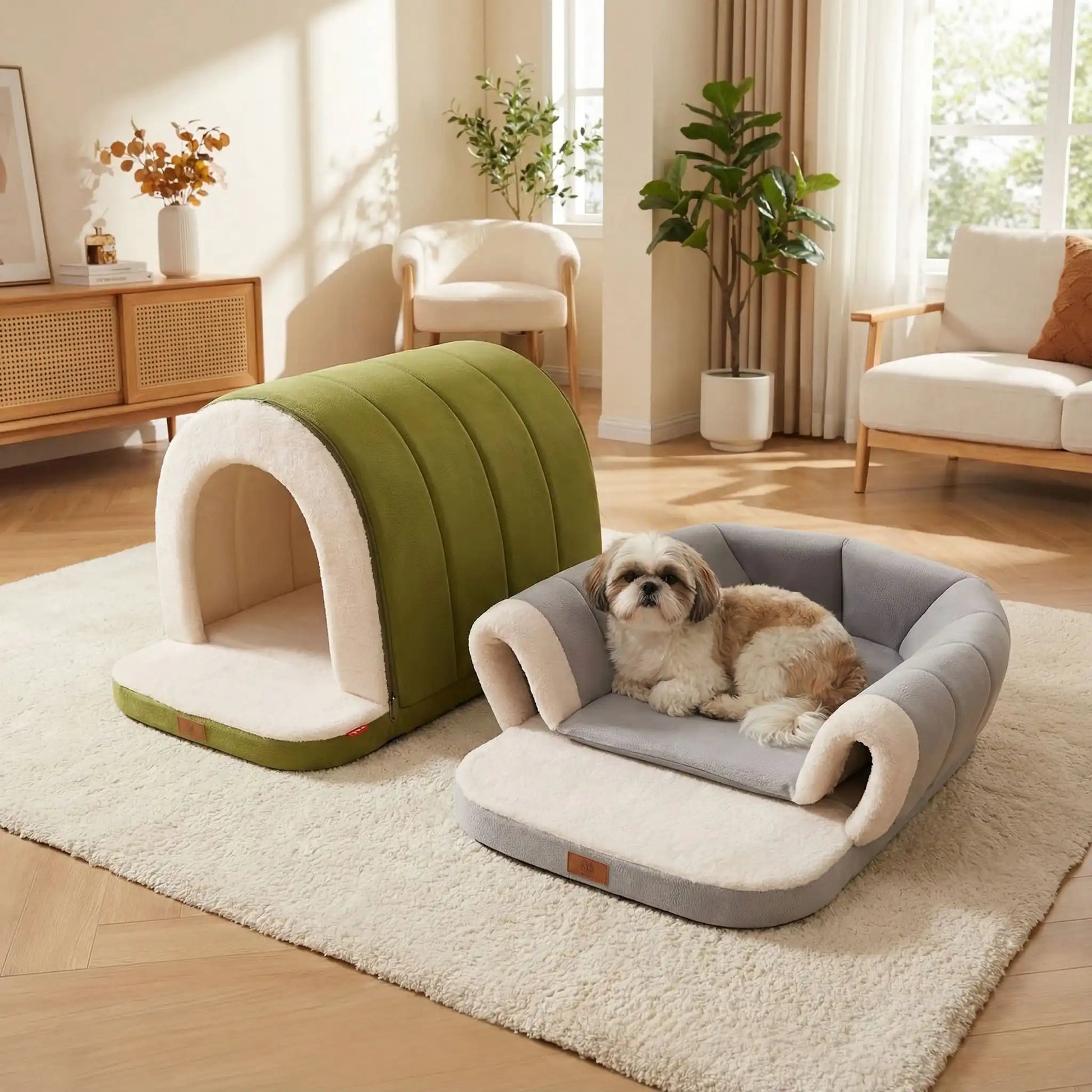 Niche-chien-intérieur-2-en-1 ou panier ouvert-matelas à mémoire de forme 100% coton PP, imperméable et antidérapant, résistant aux griffes, déhoussable et lavable en machine-lit chaud idéal pour les chiens de petite taille de 0 à 9 kilos, chaud avec intérieur en peluche-un Shih tzu couché sur la niche grise avec toit affaissé en version panier ouvert à côté de la niche verte en version fermée comme une petite maison en forme d'igloo dans le salon de l'appartement