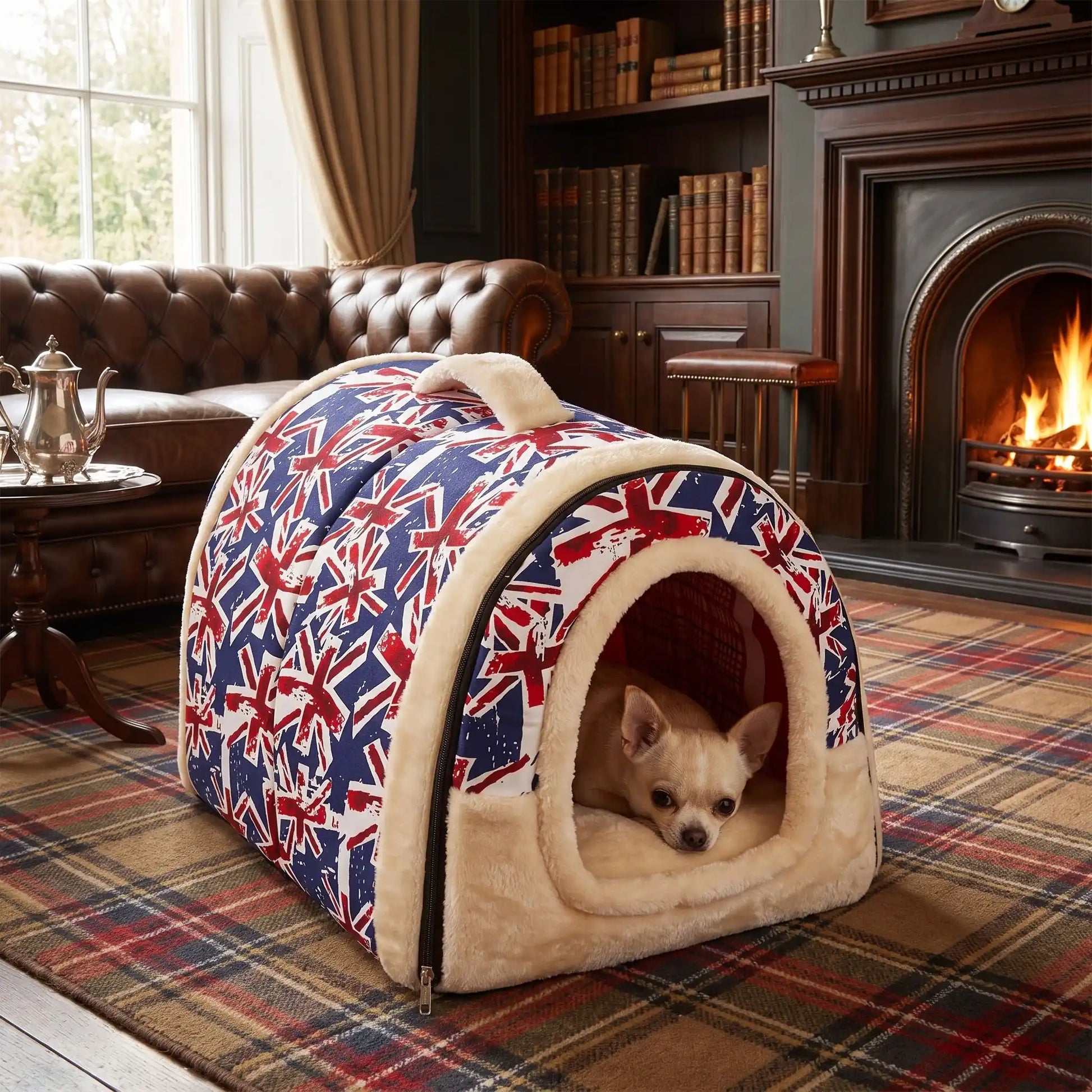 Niche chien et chiot intérieur de petite race, résistante, en forme d'igloo au design sécurisant fermée en arc de cercle avec un coussin rectangulaire au rembourrage 100% coton haute densité lavable,double face été en tissu/hiver en peluche  et fond antidérapant et extérieur 100% imperméable, transportable avec sa poignée, lavable- un chien de race naine couché confortablement au chaud dans sa niche douillette, chaude sécurisante à 360° avec design london avec son drapeau dans le salon de l'appartement