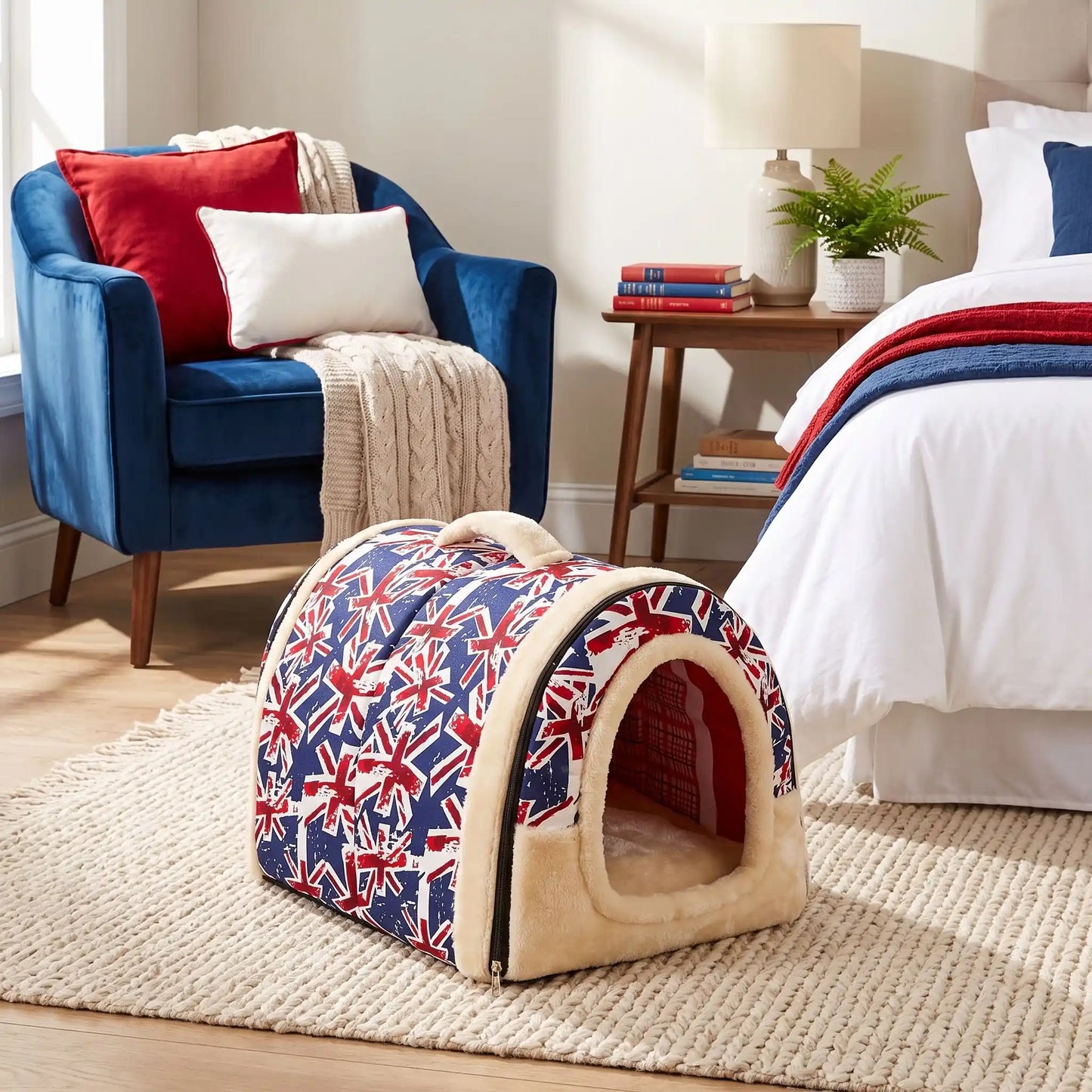 Niche chien et chiot intérieur de petite race, résistante, en forme d'igloo au design sécurisant fermée en arc de cercle avec un coussin rectangulaire au rembourrage 100% coton haute densité lavable,double face été en tissu/hiver en peluche  et fond antidérapant et extérieur 100% imperméable, transportable avec sa poignée, lavable- gros plan sur la niche douillette, chaude sécurisante à 360° avec design drapeau anglais dans la chambre de l'appartement