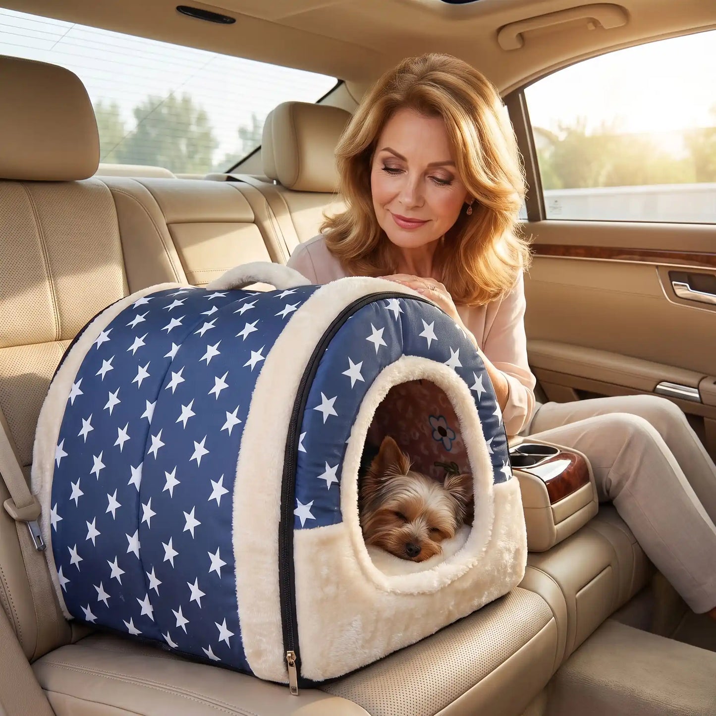 Niche chien et chiot intérieur de petite race, résistante, en forme d'igloo au design sécurisant fermée en arc de cercle avec un coussin rectangulaire au rembourrage 100% coton haute densité lavable,double face été en tissu/hiver en peluche  et fond antidérapant et extérieur 100% imperméable, transportable avec sa poignée, lavable- un petit chien qui dort couché confortablement au chaud dans sa niche douillette, chaude sécurisante à 360° sur les sièges arrières de la voiture à côté de sa maitresse 