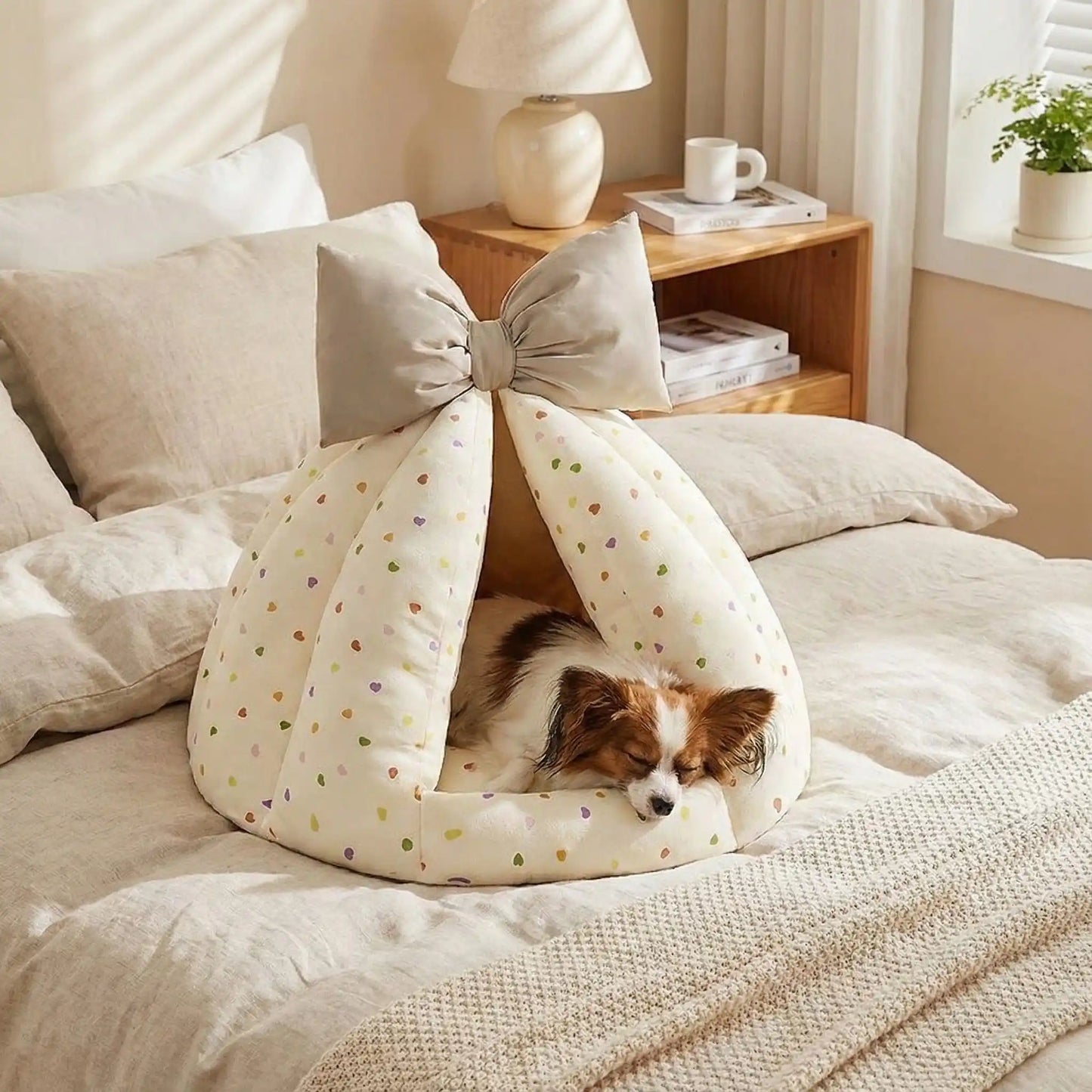 Niche-chien-interieur-coussin-apaisant-rembourrage et tissu 100% coton PP hypoallergénique et écoresponsable poiur petit chien et chiot de 0 à 8 kilos-coussin amovible et lavable en machine, antidérapant et fond imperméable-deux coloris disponible bleu et beige avec noeud décoratif sur le sommet-un chien de race naine qui dort paisiblement dans sa niche en forme de dôme chaud et respirant sur le lit de la chambre de l'appartement