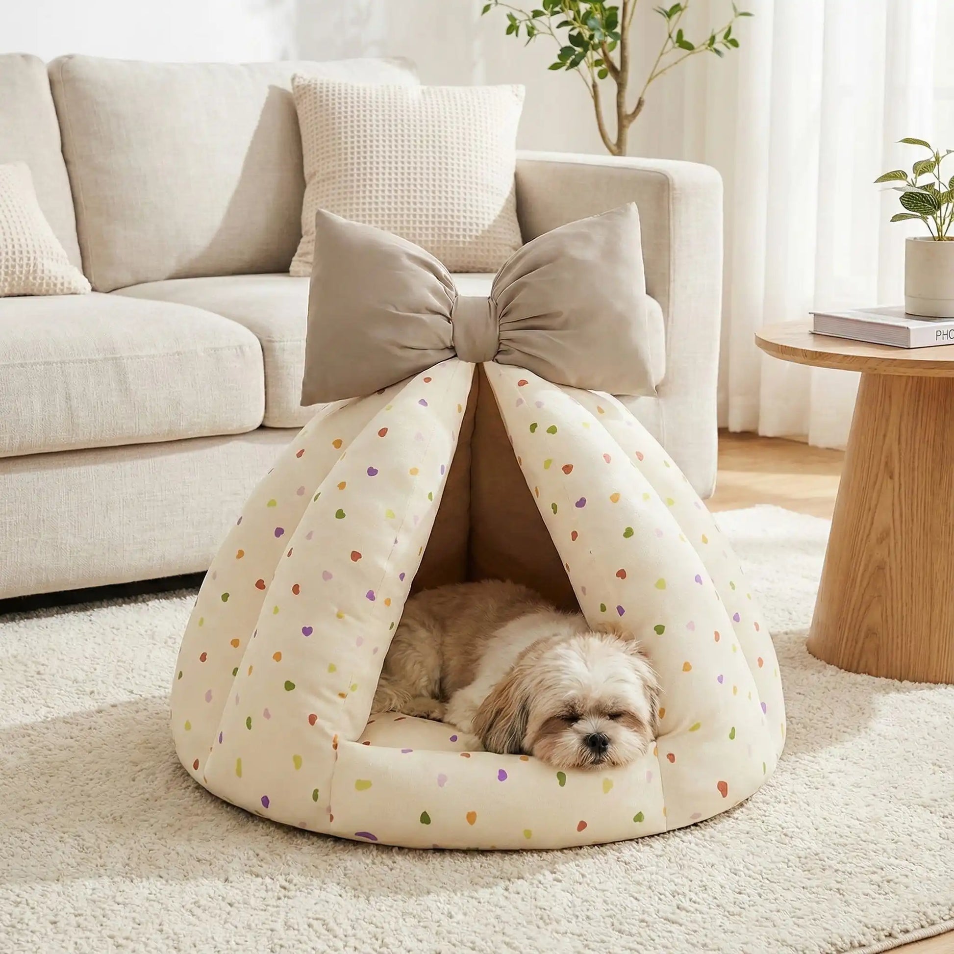 Niche-chien-interieur-coussin-apaisant-rembourrage et tissu 100% coton PP hypoallergénique et écoresponsable poiur petit chien et chiot de 0 à 8 kilos-coussin amovible et lavable en machine, antidérapant et fond imperméable-deux coloris disponible bleu et beige avec noeud décoratif sur le sommet-un chien de petite taille qui dort paisiblement  dans sa niche en forme de dôme chaud et respirant sur le sol du salon de la maison