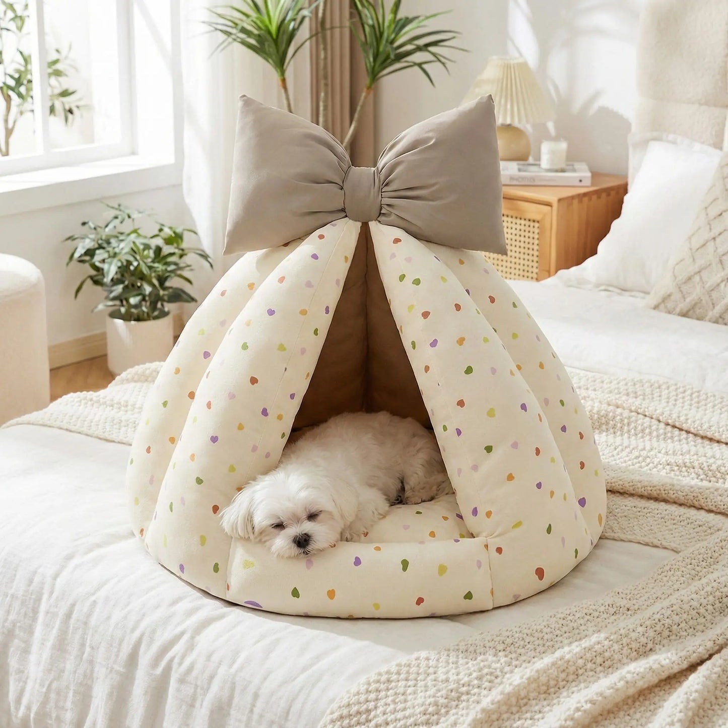 Niche-chien-interieur-coussin-apaisant-rembourrage et tissu 100% coton PP hypoallergénique et écoresponsable poiur petit chien et chiot de 0 à 8 kilos-coussin amovible et lavable en machine, antidérapant et fond imperméable-deux coloris disponible bleu et beige avec noeud décoratif sur le sommet-un chien de taille miniature dans sa niche en forme de dôme chaud et respirant sur le lit de la chambre de l'appartement