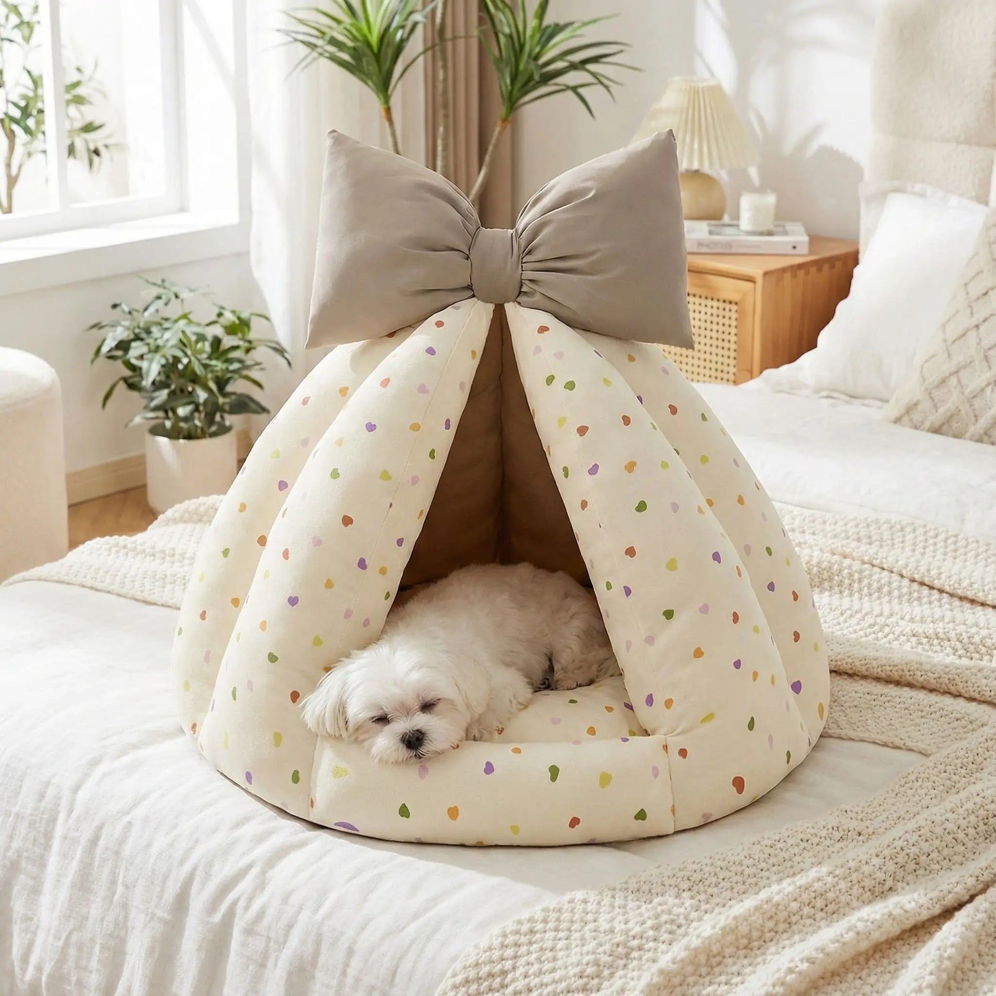 Niche-chien-interieur-coussin-apaisant-rembourrage et tissu 100% coton PP hypoallergénique et écoresponsable poiur petit chien et chiot de 0 à 8 kilos-coussin amovible et lavable en machine, antidérapant et fond imperméable-deux coloris disponible bleu et beige avec noeud décoratif sur le sommet-un chien de taille miniature dans sa niche en forme de dôme chaud et respirant sur le lit de la chambre de l'appartement