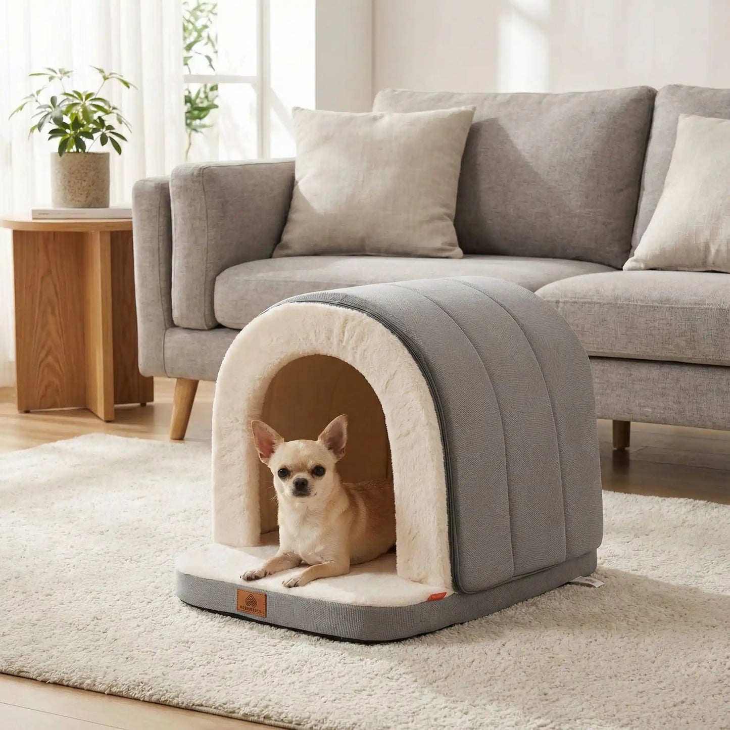 Niche-chien-intérieur-2-en-1 ou panier ouvert-matelas à mémoire de forme 100% coton PP, imperméable et antidérapant, résistant aux griffes, déhoussable et lavable en machine-lit chaud idéal pour les chiens de petite taille de 0 à 9 kilos, chaud avec intérieur en peluche-un chihuahua couché dans la niche qui protège du froid du sol et des courants d'air entourant sur 360° anti-anxiété de séparation