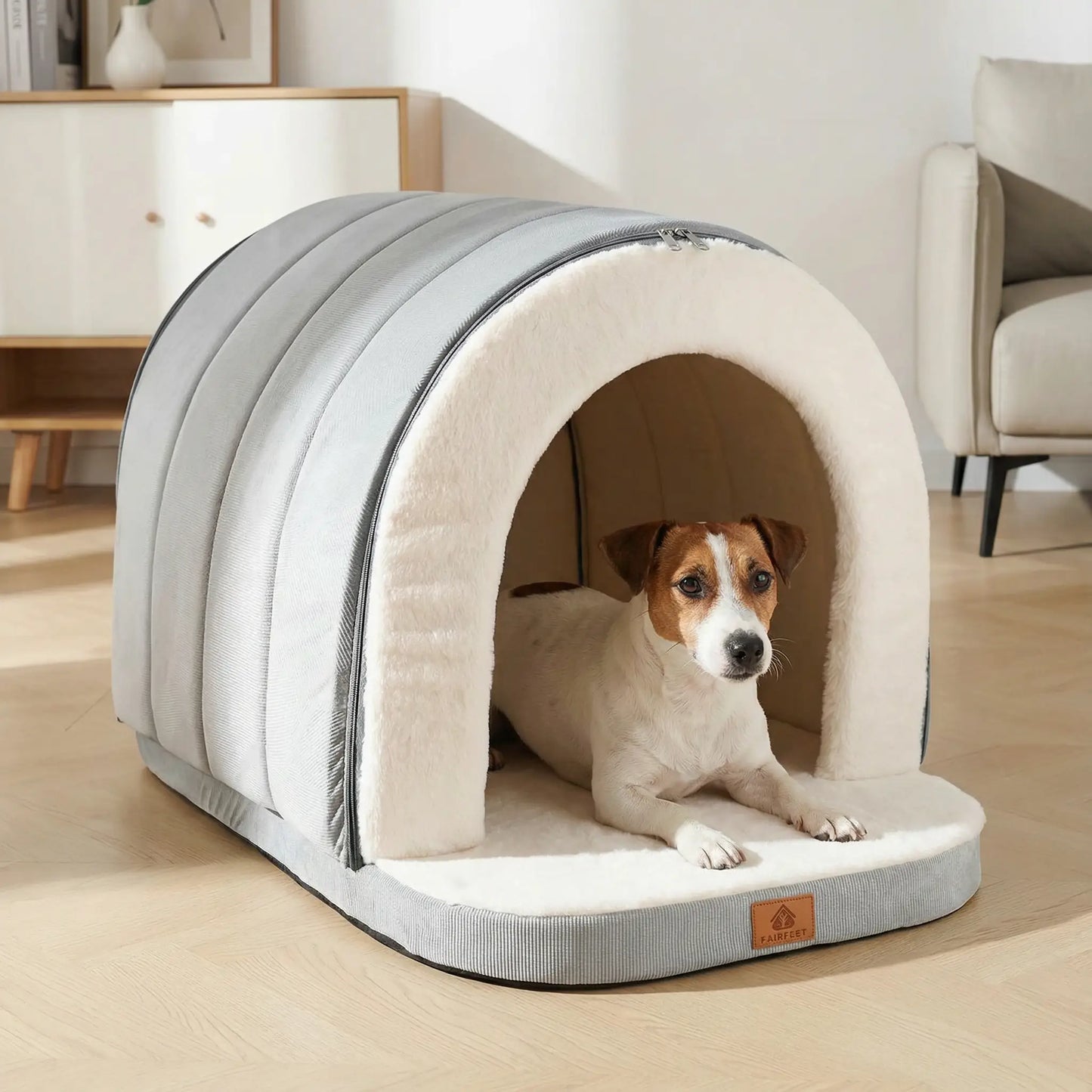 Niche-chien-intérieur-2-en-1 ou panier ouvert-matelas à mémoire de forme 100% coton PP, imperméable et antidérapant, résistant aux griffes, déhoussable et lavable en machine-lit chaud idéal pour les chiens de petite taille de 0 à 9 kilos, chaud avec intérieur en peluche-lit apaisant-un chien de petite taille couché confortablement comme une petite maison en forme d'igloo dans le salon de l'appartement