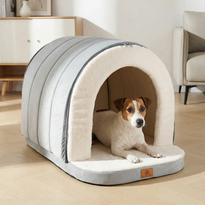 Niche-chien-intérieur-2-en-1 ou panier ouvert-matelas à mémoire de forme 100% coton PP, imperméable et antidérapant, résistant aux griffes, déhoussable et lavable en machine-lit chaud idéal pour les chiens de petite taille de 0 à 9 kilos, chaud avec intérieur en peluche-lit apaisant-un chien de petite taille couché confortablement comme une petite maison en forme d'igloo dans le salon de l'appartement