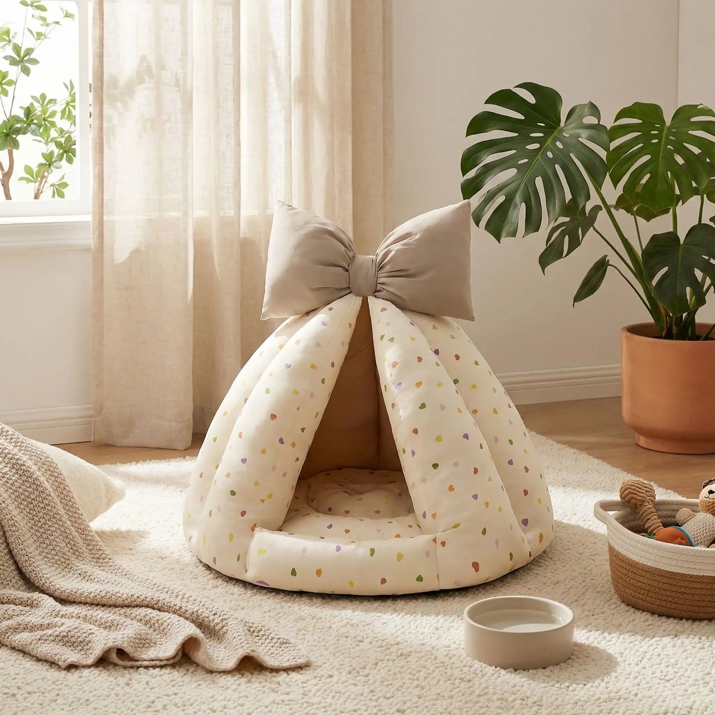 Niche-chien-interieur-coussin-apaisant-rembourrage et tissu 100% coton PP hypoallergénique et écoresponsable poiur petit chien et chiot de 0 à 8 kilos-coussin amovible et lavable en machine, antidérapant et fond imperméable-deux coloris disponible bleu et beige avec noeud décoratif sur le sommet-design tipi ou tente interieur