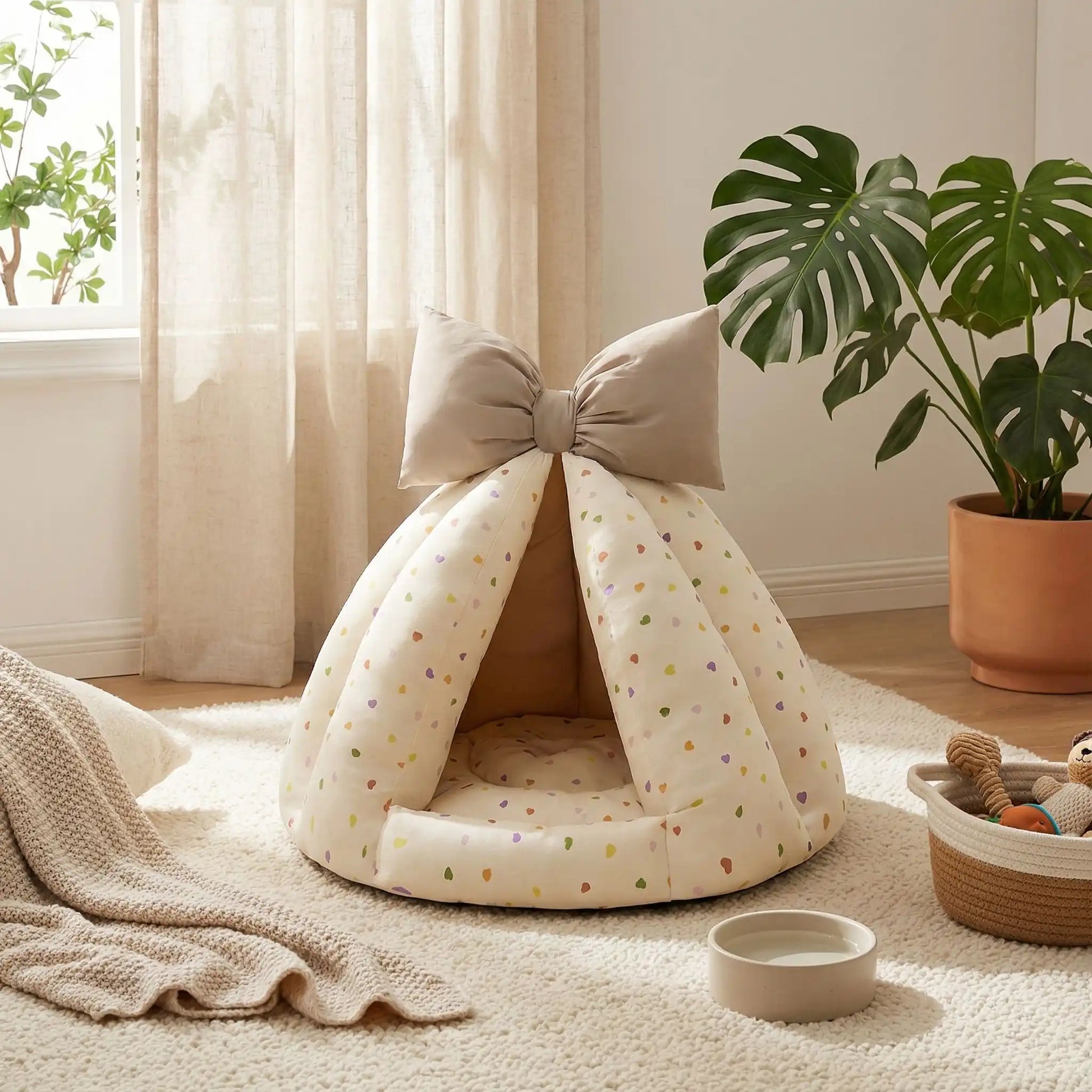 Niche-chien-interieur-coussin-apaisant-rembourrage et tissu 100% coton PP hypoallergénique et écoresponsable poiur petit chien et chiot de 0 à 8 kilos-coussin amovible et lavable en machine, antidérapant et fond imperméable-deux coloris disponible bleu et beige avec noeud décoratif sur le sommet-design tipi ou tente interieur