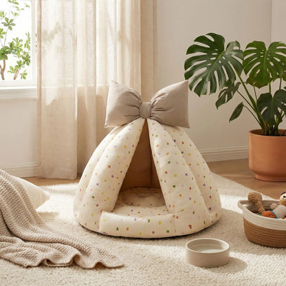 Niche-chien-interieur-coussin-apaisant-rembourrage et tissu 100% coton PP hypoallergénique et écoresponsable poiur petit chien et chiot de 0 à 8 kilos-coussin amovible et lavable en machine, antidérapant et fond imperméable-deux coloris disponible bleu et beige avec noeud décoratif sur le sommet-design tipi ou tente interieur