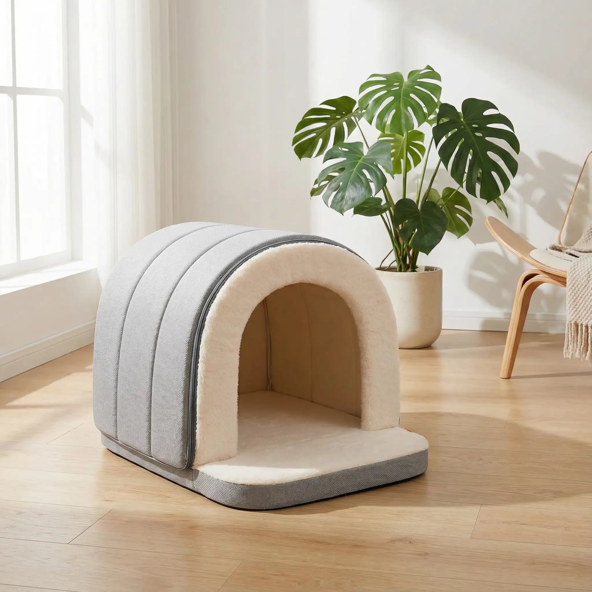 Niche-chien-intérieur-2-en-1 ou panier ouvert-matelas à mémoire de forme 100% coton PP, imperméable et antidérapant, résistant aux griffes, déhoussable et lavable en machine-lit chaud idéal pour les chiens de petite taille de 0 à 9 kilos, chaud avec intérieur en peluche-disponible en 3 tailles S,M et L de couleur grise pour chien de race Toy, naine et de petit taille