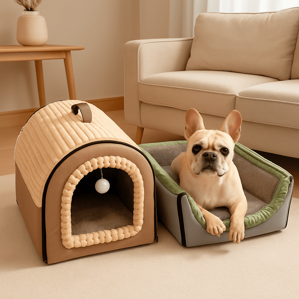 Niche-d-interieur-pour-chien-4-saisons-2 en 1, niche chaude avec isolation thermique ou panier ouvert avec toit amovible-pliable-transportable avec poignée-en velours, coton et tissu oxford résistant et imperméable pour chien de petite à moyenne taille- avec son coussin ultra doux lavable en machine,fond antidérapant et imperméable-un petit chien couché confortablement dans la niche en version panier avec toit amovible dans le salon de la maison