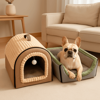 Niche-d-interieur-pour-chien-4-saisons-2 en 1, niche chaude avec isolation thermique ou panier ouvert avec toit amovible-pliable-transportable avec poignée-en velours, coton et tissu oxford résistant et imperméable pour chien de petite à moyenne taille- avec son coussin ultra doux lavable en machine,fond antidérapant et imperméable-un petit chien couché confortablement dans la niche en version panier avec toit amovible dans le salon de la maison