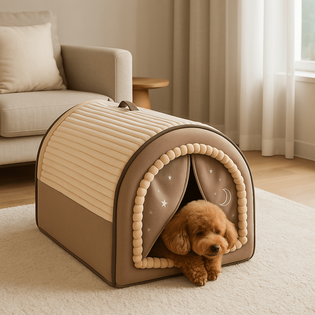 Niche-d-interieur-pour-chien-4-saisons-2 en 1, niche chaude avec isolation thermique ou panier ouvert avec toit amovible-pliable-transportable avec poignée-en velours, coton et tissu oxford résistant et imperméable pour chien de petite à moyenne taille- avec son coussin ultra doux lavable en machine,fond antidérapant et imperméable-un petit chien frisé qui dort paisiblement dans sa niche marron pliable dans le salon de la maison