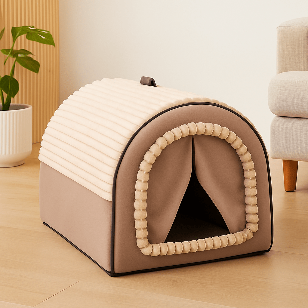 Niche-d-interieur-pour-chien-4-saisons-2 en 1, niche chaude avec isolation thermique ou panier ouvert avec toit amovible-pliable-transportable avec poignée-en velours, coton et tissu oxford résistant et imperméable pour chien de petite à moyenne taille- avec son coussin ultra doux lavable en machine,fond antidérapant et imperméable-de couelur marron et beige disponible en 3 tailles S, M et L pour chiot et chien de 0à 15 kg