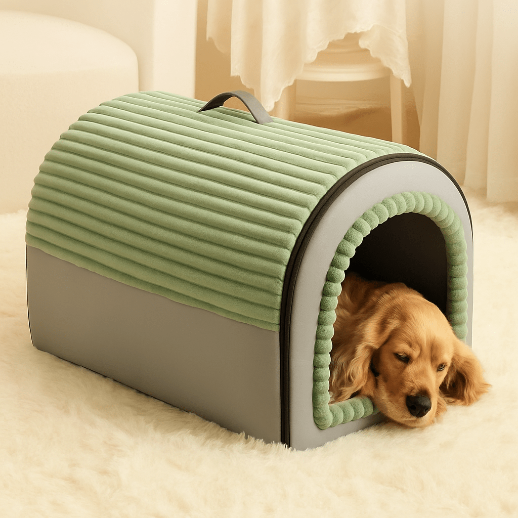 Niche-d-intérieur-pour-chien-panier-avec-coussin amovible et lavable en machine en peluche douce-pliable-poignée de transport-antidérapant-gris et vert-pour chien de 0 à 15 kg-en forme de dôme sécurisant-un chien de taille moyenne qui dort paisiblement dans sa niche au chaud dans la chambre de la maison