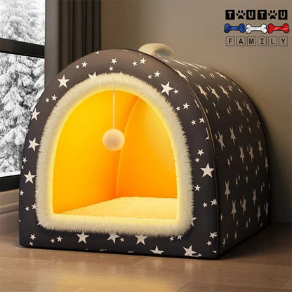 Niche-d-intérieur-pour-chien-coton de couleur bleu avec motif étoile intérieur velours doux avec matelas orthopédique 