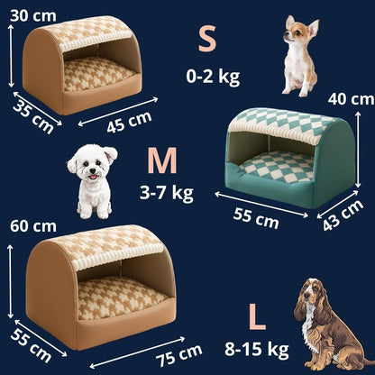 Niche-d-intérieur-pour-chien-avec-toit-grotte rectangulaire-100% coton avec coussin rembourré, épais, amovible et ergonomique pour chien de petite à moyenne taille-lavable en machine-déhoussable-pliable et transportable-fond antidérapant et imperméable solide et durable-guide des tailles S, M et L avec dimensions détaillées en 3D et correspondance de poids du chien de 0 à 15 kg