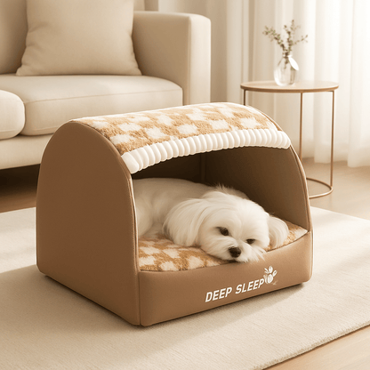 Niche-d-intérieur-pour-chien-avec-toit-grotte rectangulaire-100% coton avec coussin rembourré, épais, amovible et ergonomique pour chien de petite à moyenne taille-lavable en machine-déhoussable-pliable et transportable-fond antidérapant et imperméable solide et durable-un chien de petite taille à poils blanc confortablement couché au chaud dans sa niche enveloppante anti-stress dans le salon de la maison