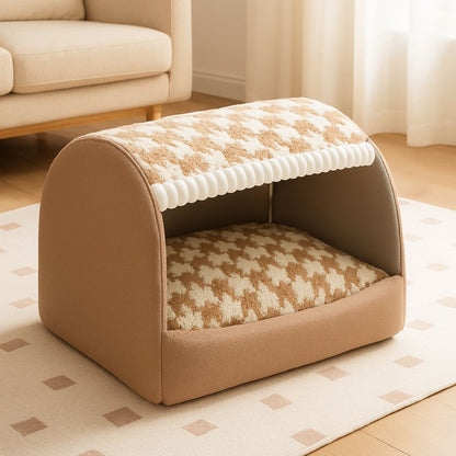 Niche-d-intérieur-pour-chien-avec-toit-grotte rectangulaire-100% coton avec coussin rembourré, épais, amovible et ergonomique pour chien de petite à moyenne taille-lavable en machine-déhoussable-pliable et transportable-fond antidérapant et imperméable solide et durable-design géométrique neutre blanc et marron pour chien de petite à moyenne taille