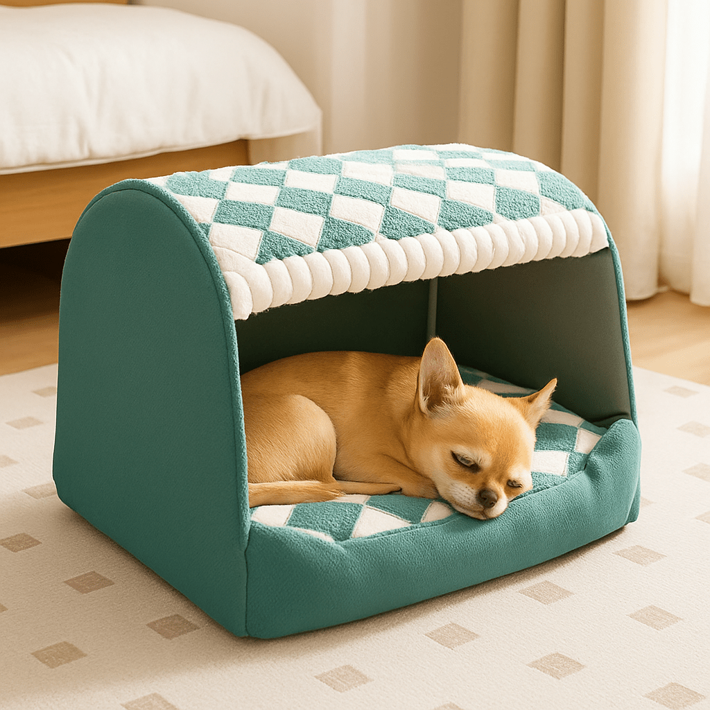 Niche-d-intérieur-pour-chien-avec-toit-grotte rectangulaire-100% coton avec coussin rembourré, épais, amovible et ergonomique pour chien de petite à moyenne taille-lavable en machine-déhoussable-pliable et transportable-fond antidérapant et imperméable solide et durable-un chien nain qui dort paisiblement couché au chaud dans sa niche enveloppante anti-stress dans la chambre de l'appartement