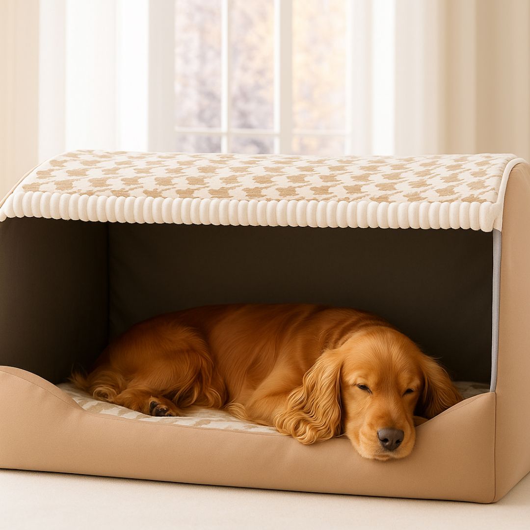 Niche-d-intérieur-pour-chien-avec-toit-grotte rectangulaire-100% coton avec coussin rembourré, épais, amovible et ergonomique pour chien de petite à moyenne taille-lavable en machine-déhoussable-pliable et transportable-fond antidérapant et imperméable solide et durable-un chien moyen à poils longs qui dort paisiblement couché au chaud dans sa niche enveloppante anti-stress dans le salon de la maison