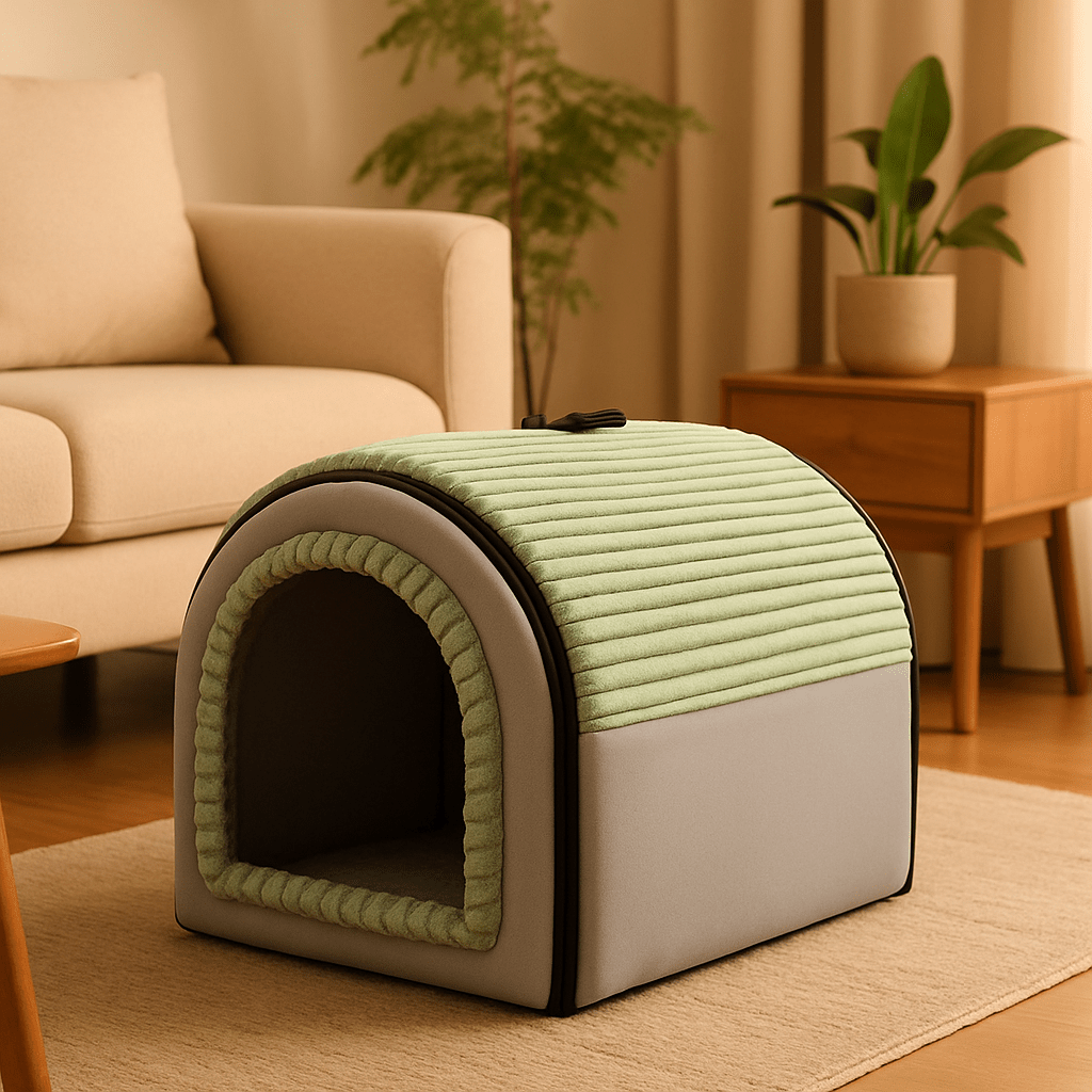 Niche-d-interieur-pour-chien-4-saisons-2 en 1, niche chaude avec isolation thermique ou panier ouvert avec toit amovible-pliable-transportable avec poignée-en velours, coton et tissu oxford résistant et imperméable pour chien de petite à moyenne taille- avec son coussin ultra doux lavable en machine,fond antidérapant et imperméable-de couleur gris et vert et 3 tailles disponibles S,M et L pour chiot et chien de 0 à 15 kilos