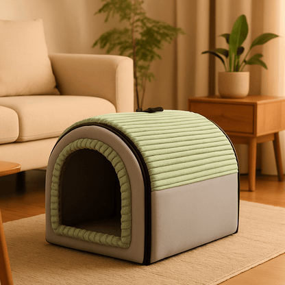 Niche-d-interieur-pour-chien-4-saisons-2 en 1, niche chaude avec isolation thermique ou panier ouvert avec toit amovible-pliable-transportable avec poignée-en velours, coton et tissu oxford résistant et imperméable pour chien de petite à moyenne taille- avec son coussin ultra doux lavable en machine,fond antidérapant et imperméable-de couleur gris et vert et 3 tailles disponibles S,M et L pour chiot et chien de 0 à 15 kilos