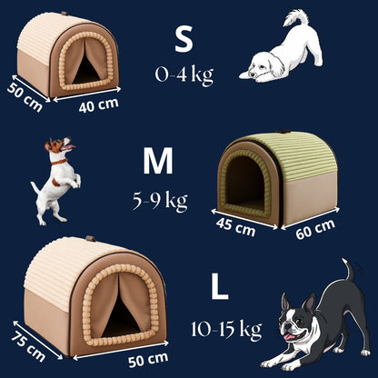 Niche-d-interieur-pour-chien-4-saisons-2 en 1, niche chaude avec isolation thermique ou panier ouvert avec toit amovible-pliable-transportable avec poignée-en velours, coton et tissu oxford résistant et imperméable pour chien de petite à moyenne taille-guide et dimensions détaillées des 3 tailles disponible S, M et L pour chiot et chien de 0 à 15 kilos