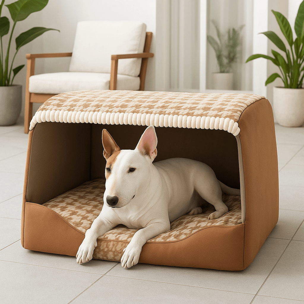 Niche-d-intérieur-pour-chien-avec-toit-grotte rectangulaire-100% coton avec coussin rembourré, épais, amovible et ergonomique pour chien de petite à moyenne taille-lavable en machine-déhoussable-pliable et transportable-fond antidérapant et imperméable solide et durable-un chien de race miniature confortablement couché au chaud dans sa niche enveloppante anti-stress dans la véranda de la maison