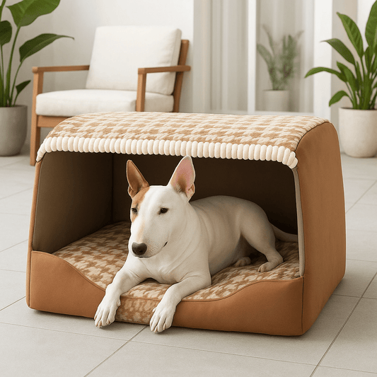 Niche-d-intérieur-pour-chien-avec-toit-grotte rectangulaire-100% coton avec coussin rembourré, épais, amovible et ergonomique pour chien de petite à moyenne taille-lavable en machine-déhoussable-pliable et transportable-fond antidérapant et imperméable solide et durable-un chien de race miniature confortablement couché au chaud dans sa niche enveloppante anti-stress dans la véranda de la maison