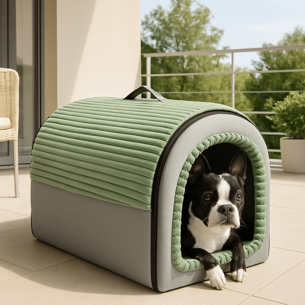 Niche-d-interieur-pour-chien-4-saisons-2 en 1, niche chaude avec isolation thermique ou panier ouvert avec toit amovible-pliable-transportable avec poignée-en velours, coton et tissu oxford résistant et imperméable pour chien de petite à moyenne taille- avec son coussin ultra doux lavable en machine,fond antidérapant et imperméable-un Boston terrier couché confortablement dans sa niche sur le balcon de l'appartement