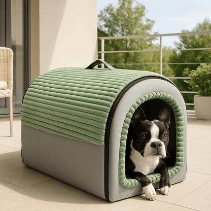 Niche-d-interieur-pour-chien-4-saisons-2 en 1, niche chaude avec isolation thermique ou panier ouvert avec toit amovible-pliable-transportable avec poignée-en velours, coton et tissu oxford résistant et imperméable pour chien de petite à moyenne taille- avec son coussin ultra doux lavable en machine,fond antidérapant et imperméable-un Boston terrier couché confortablement dans sa niche sur le balcon de l'appartement