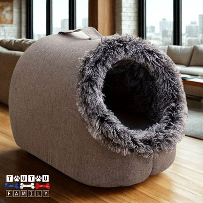 Niche-d-interieur-pour-chien-lavable-gris-en fourrure posé sur le sol du salon- grotte pour chien de petite taille-pinscher nain-chihuahua-petit brabançon-épagneul nain-yorshire-Loulou de poméranie-Coton de Tuléar- et chiot jusqu'à 5 kg