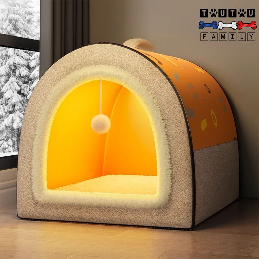 Niche-d-intérieur-pour-chien-orange-transformable en panier chaud et douillette avec son matelas amovible orthopédique 100% coton lavable 100% imperméable