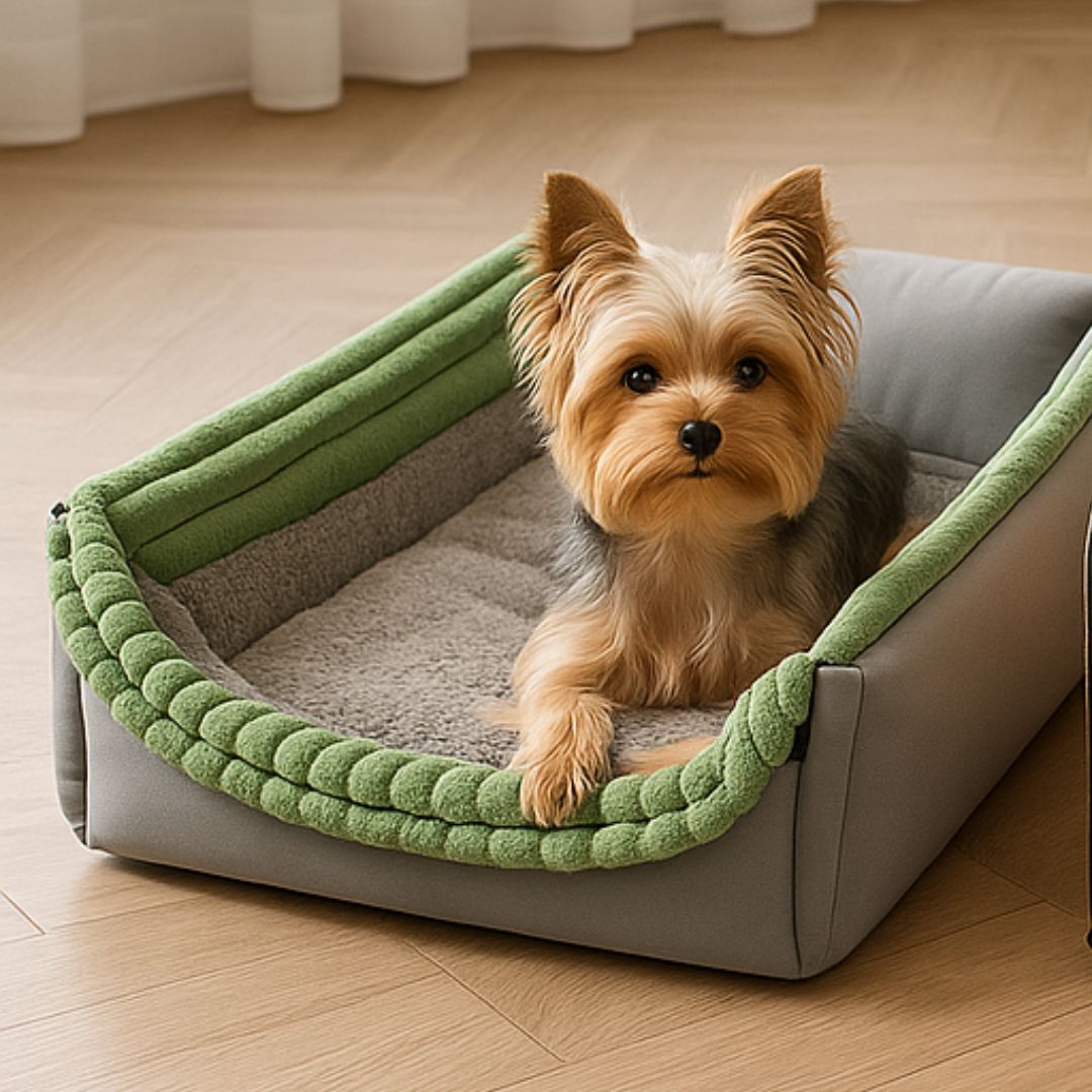 Niche-d-intérieur-pour-chien-panier-avec-coussin amovible et lavable en machine en peluche douce-pliable-poignée de transport-antidérapant-en forme de dôme sécurisant-un Yorkshire couché sur sa niche transformée en panier rectangulaire dans le salon de la maison