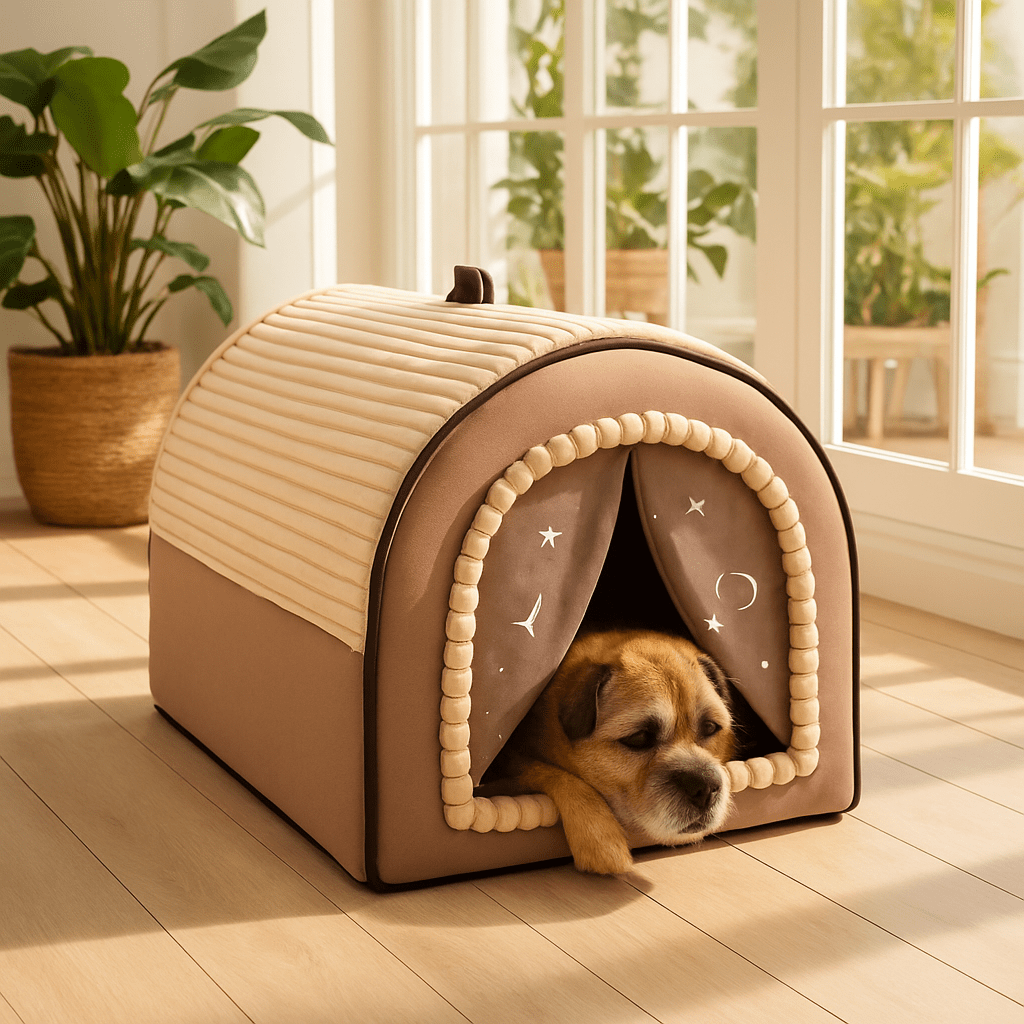 Niche-d-interieur-pour-chien-4-saisons-2 en 1, niche chaude avec isolation thermique ou panier ouvert avec toit amovible-pliable-transportable avec poignée-en velours, coton et tissu oxford résistant et imperméable pour chien de petite à moyenne taille- avec son coussin ultra doux lavable en machine,fond antidérapant et imperméable-un chien de taille moyenne qui dort apisiblement dans sa niche au chaud dans la véranda de la maison