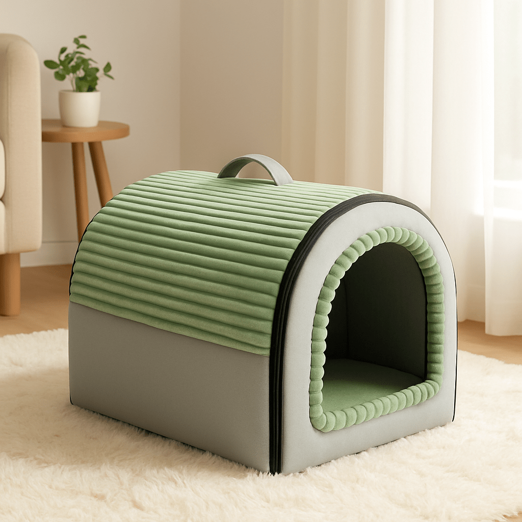 Niche-d-intérieur-pour-chien-panier-avec-coussin amovible et lavable en machine en peluche douce-pliable-poignée de transport-antidérapant-gris et vert-pour chien de 0 à 15 kg-en forme de dôme sécurisant-de couleur vert et gris transformable en panier