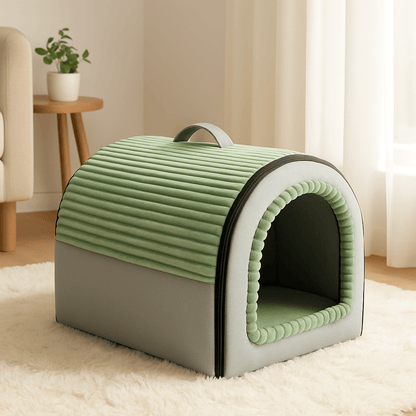 Niche-d-intérieur-pour-chien-panier-avec-coussin amovible et lavable en machine en peluche douce-pliable-poignée de transport-antidérapant-gris et vert-pour chien de 0 à 15 kg-en forme de dôme sécurisant-de couleur vert et gris transformable en panier
