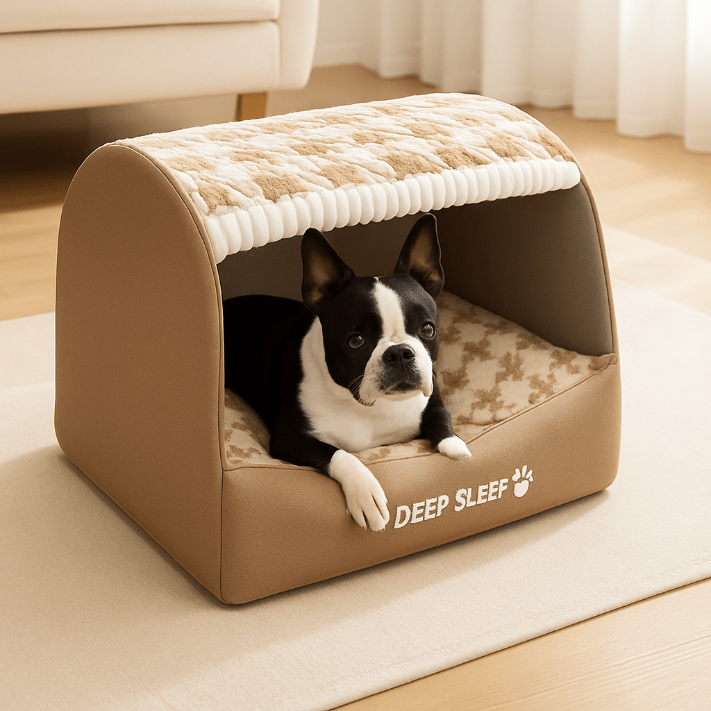 Niche-d-intérieur-pour-chien-avec-toit-grotte rectangulaire-100% coton avec coussin rembourré, épais, amovible et ergonomique pour chien de petite à moyenne taille-lavable en machine-déhoussable-pliable et transportable-fond antidérapant et imperméable solide et durable-un chien noir et blanc de taille moyenne confortablement couché au chaud dans sa niche enveloppante anti-stress dans le salon de l'appartement