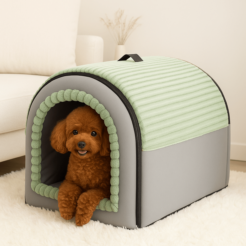 Niche-d-intérieur-pour-chien-panier-avec-coussin amovible et lavable en machine en peluche douce-pliable-poignée de transport-antidérapant-gris et vert-pour chien de 0 à 15 kg-en forme de dôme sécurisant-un chien frisé de taille moyenne couché dans sa niche au chaud dans la chambre de l'appartement
