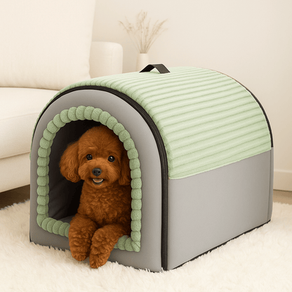 Niche-d-intérieur-pour-chien-panier-avec-coussin amovible et lavable en machine en peluche douce-pliable-poignée de transport-antidérapant-gris et vert-pour chien de 0 à 15 kg-en forme de dôme sécurisant-un chien frisé de taille moyenne couché dans sa niche au chaud dans la chambre de l'appartement