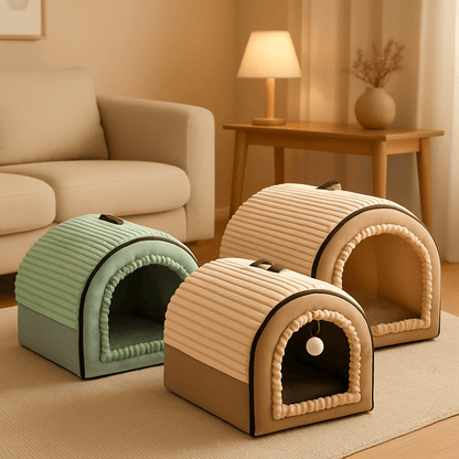 Niche-d-interieur-pour-chien-4-saisons-2 en 1, niche chaude avec isolation thermique ou panier ouvert avec toit amovible-pliable-transportable avec poignée-en velours, coton et tissu oxford résistant et imperméable pour chien de petite à moyenne taille- avec son coussin ultra doux lavable en machine,fond antidérapant et imperméable-3 tailles disponibles S, M et L pour chien de 0 à 15 kilos