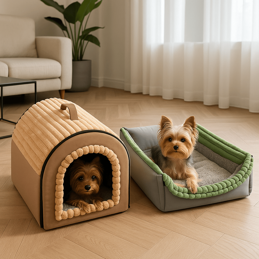 Niche-d-intérieur-pour-chien-panier-avec-coussin amovible et lavable en machine en peluche douce-pliable-poignée de transport-antidérapant-gris et vert-pour chien de 0 à 15 kg-en forme de dôme sécurisant-deux petits chiens couché dans leur niche en version fermée avec toit et version panier dans le salon de la maison