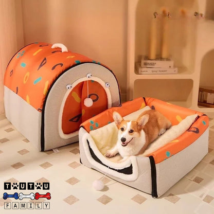 Niche-d-intérieur-pour-chien-transformable-en-panier ouvert avec son toit amovible 100% imperméable avec son matelas orthopédique pour chien de petite à grande taille, un chien couché dans la niche transformé en panier