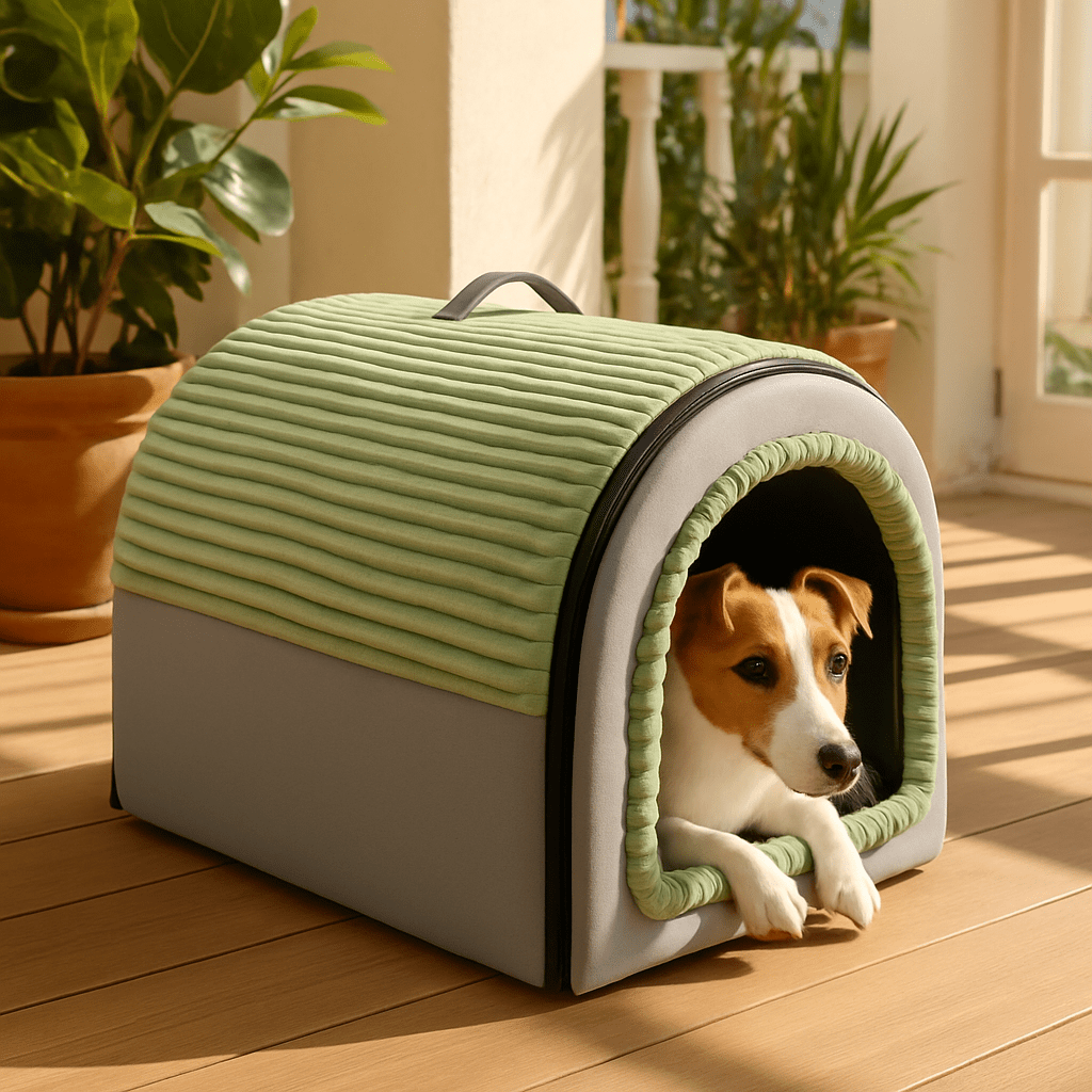 Niche-d-intérieur-pour-chien-panier-avec-coussin amovible et lavable en machine en peluche douce-pliable-poignée de transport-antidérapant-gris et vert-pour chien de 0 à 15 kg-en forme de dôme sécurisant-un chien de petite race couché dans sa niche au chaud dans la véranda de la maison