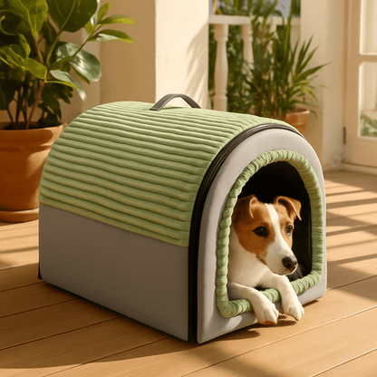 Niche-d-intérieur-pour-chien-panier-avec-coussin amovible et lavable en machine en peluche douce-pliable-poignée de transport-antidérapant-gris et vert-pour chien de 0 à 15 kg-en forme de dôme sécurisant-un chien de petite race couché dans sa niche au chaud dans la véranda de la maison