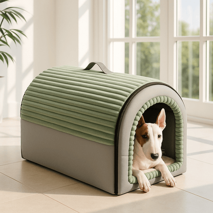 Niche-d-intérieur-pour-chien-panier-avec-coussin amovible et lavable en machine en peluche douce-pliable-poignée de transport-antidérapant-gris et vert-pour chien de 0 à 15 kg-en forme de dôme sécurisant-transformable en panier-un chien de race miniature couché dans sa niche au chaud dans la chambre de la maison